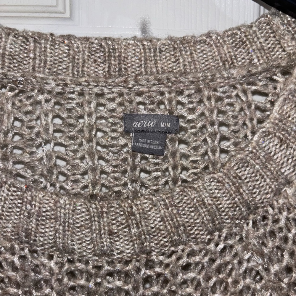 AERIE Sheer Cable Knit Women's Cotton Blend Sweater Size M Gray Soft & Cozy - Picture 2 of 8